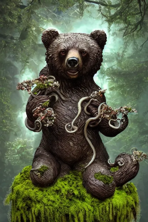 Prompt: surreal, marble statue of a bear!! with octopusc tentacles!, covered with moss and small flowers, in the old garden!!, trees and plants, concept art, highly detailed, sharp focus, masterpiece, radiant light, 3 d render, digital art, zbrush, blender, by artgerm, by kinkade