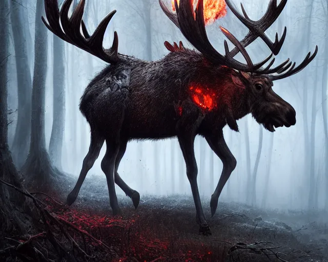 Image similar to 5 5 mm portrait photo of an armored demonic undead rotting burning moose with red eyes antlers and looking at the camera, in a magical forest. magical atmosphere. art by greg rutkowski and luis royo. highly detailed 8 k. intricate. lifelike. soft light. nikon d 8 5 0.