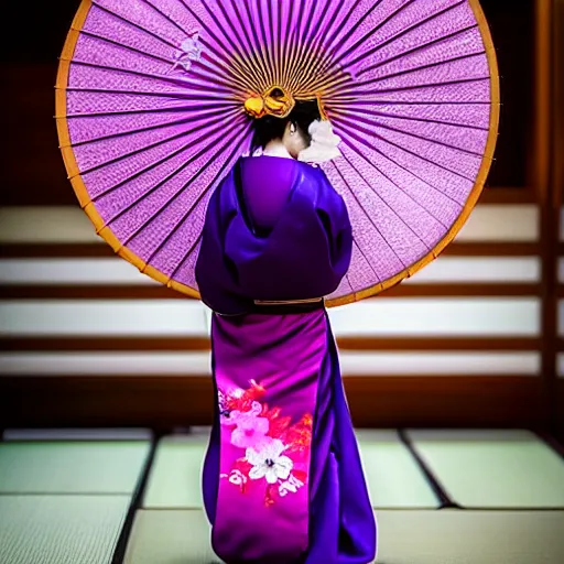 Image similar to Japanese geisha with beautiful violet paper fan, 4k photography, 30 mm lens, cinematic light, warm atmosphere, in style of Kar Wai Wong, fine dust