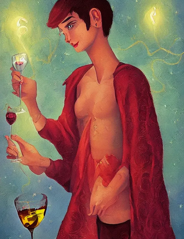 Prompt: androgynous deity of starlight and wine. this oil painting by the beloved children's book illustrator has interesting color contrasts, plenty of details and impeccable lighting.