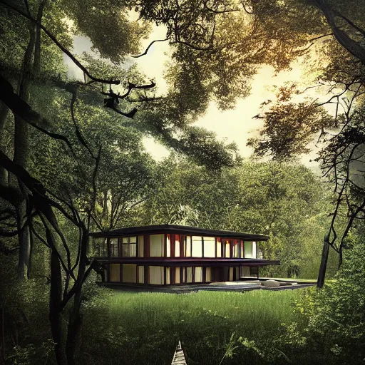 Prompt: modernist house inspired by a tibetan palace, in a field, big trees, clouds, dramatic lighting, artstation, matte painting, raphael lacoste, simon stalenhag, frank lloyd wright, drone view