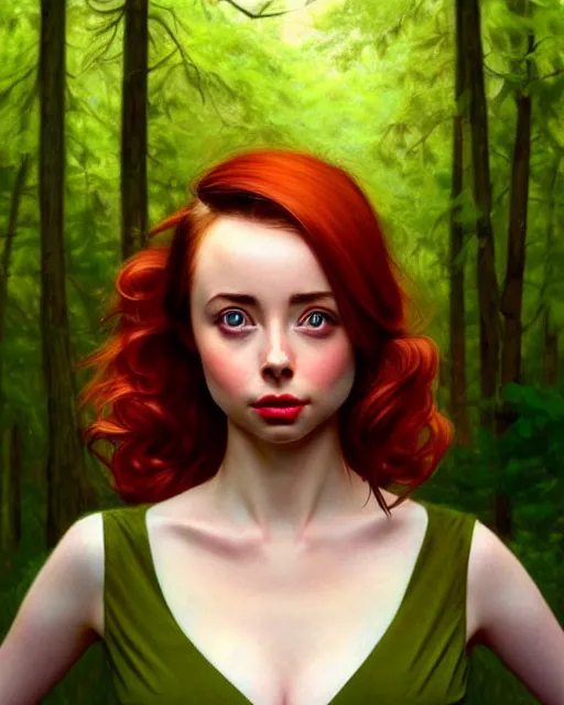 Prompt: gorgeous Kacey Rohl, realistic character concept, red hair, symmetrical face, symmetrical eyes, green dress, forest, trees, shorter neck, cinematic lighting, artgerm, Norman Rockwell, Adreas Rocha, beautiful