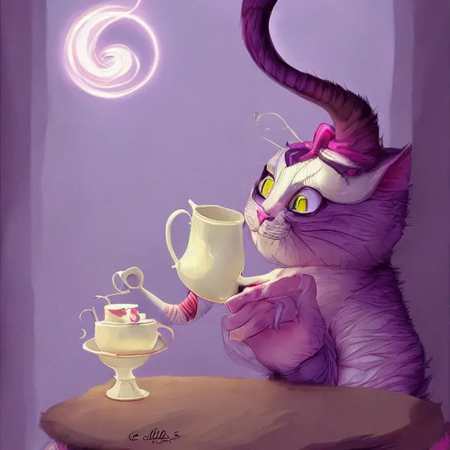 Image similar to cheshire cat drinking tea, by cory loftis, character art, very coherent, exquisite lighting, whimsical background, lighthearted, soft painting, masterpiece