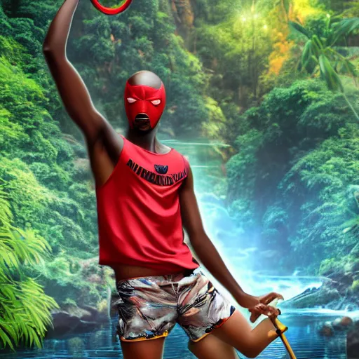 Image similar to black young man, one legged, fit, with red hood, yellow eyes, smoking a pipe, rastafari hair, red shorts, bare foot, Amazon rainforest background, crescent moon, river, art by artgerm, photo realistic, magical aura, cool pose