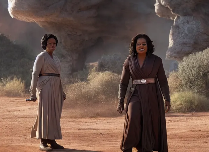 Image similar to oprah winfrey plays a jedi master in star wars rise of skywalker, 3 5 mm photography, highly detailed, cinematic lighting, standing pose, fully body shot, holding lightsaber 4 k