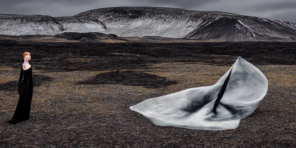 Prompt: portrait of floating model in comme des garcon deconstructed black silk gown, iceland landscape photography, by lurie belegurschi and gunnar freyr