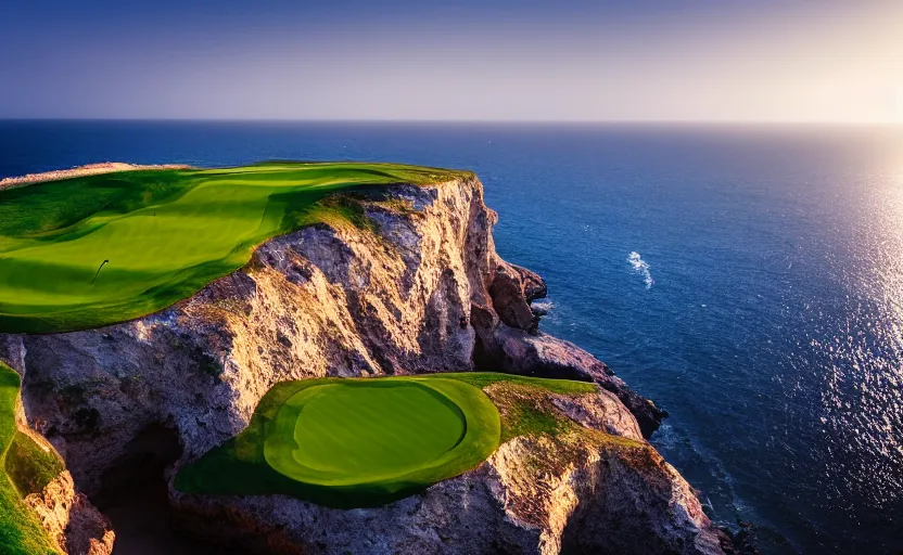 Image similar to a great photograph of the most amazing golf hole in the world, incredible light, cliffs by the sea, perfect green fairway, human perspective, ambient light, 5 0 mm, golf digest, top 1 0 0, fog