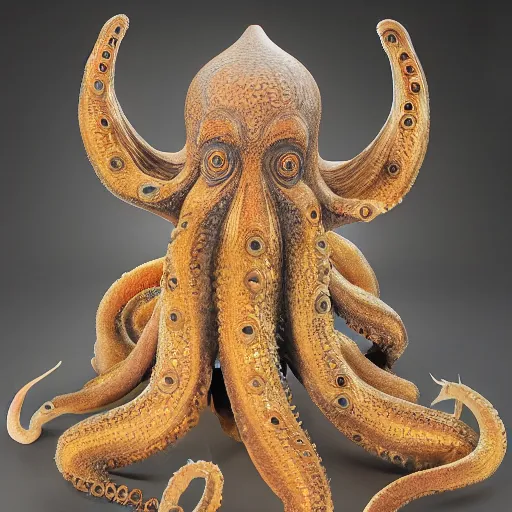 Image similar to the sacred octopus god of the alien people of the ocean world of tao city phi, as he is his worshiped in the architectures of the elaborate and hyperdetailed self - transforming landscape