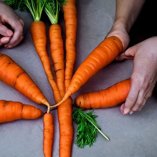 Image similar to family of humanoid carrot cannibals sit at a table with a single carrot at the center, photograph