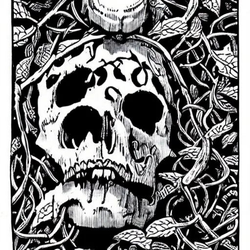 Prompt: A skull, with vines coming out of the eye sockets. Dark Fantasy, Film Noir, Black and White. High Contrast, Mike Mignola, D&D, OSR