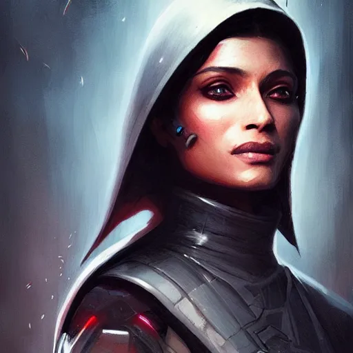 Image similar to darth alphinaud leveilleur, freida pinto, art by artgerm and greg rutkowski and magali villeneuve, portrait, highly detailed, headshot, intricate, elegant, digital painting, trending on artstation, concept art, sharp focus, illustration