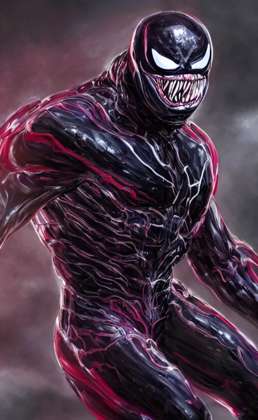 Image similar to venom in a venom inspired ironman suit, purple, black and red, dynamic lighting, photorealistic fantasy concept art, trending on art station, stunning visuals, terrifying, creative, cinematic