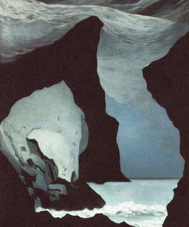 Prompt: photorealistic painting of a 1 9 2 5 seiner sailing near a short tropical cliff with the mouth of a sea cave at the waterline, dark, brooding, atmospheric, lovecraft, horror, smooth, epic, highly detailed, cinematic, lawren harris