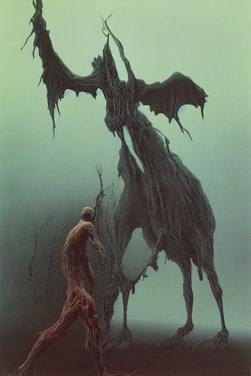 Image similar to zdzisław beksinski painting. nazgul and fellbeast