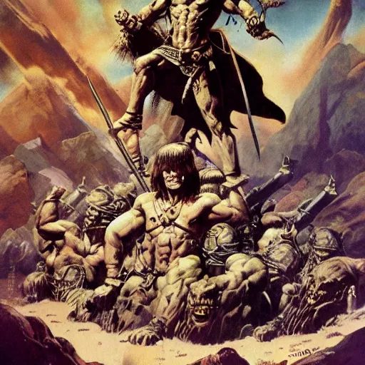 Image similar to warriors standing on a mountain of skulls. Artwork by Frank Frazetta and Boris Vallejo. Inspired by Conan the barbarian