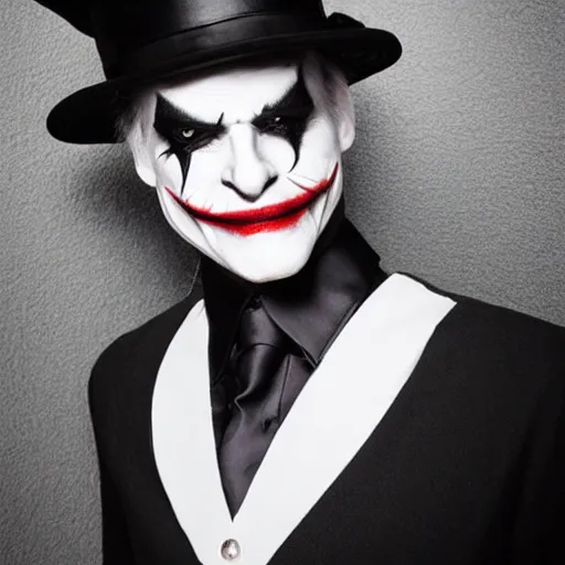 Image similar to a male model wearing a black leather hat in joker makeup, frontal view, cool looking