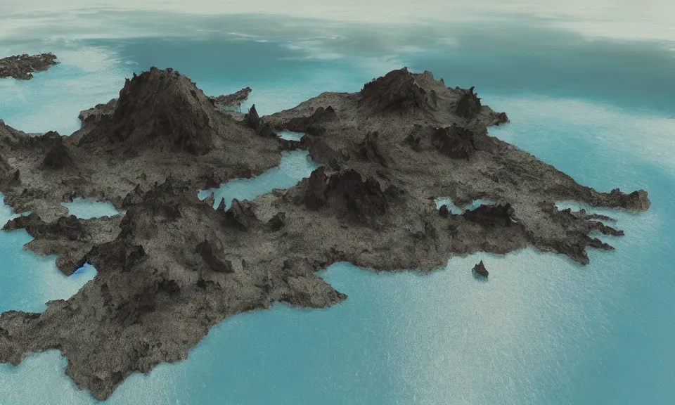 Prompt: An island that is half volcanic landscape and half glacial landscape., 8k, cinematic, octane render, intricate