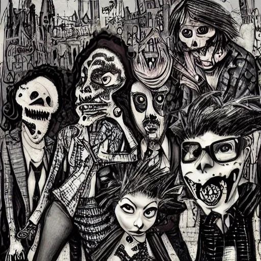 Prompt: A punk band who rebels against the punk culture by Antoni Gaudí and Tim Burton and Louis Wain artstation behance hd unsplash contest winner