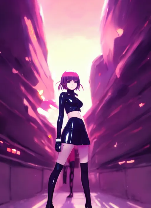 Image similar to portrait of cute girl in latex clothes, night city background illustration concept art anime key visual trending pixiv fanbox by wlop and greg rutkowski and makoto shinkai and studio ghibli and kyoto animation