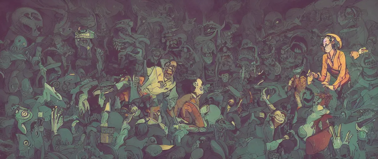 Image similar to a study of a scene from tim burtons beetlejuice, illustration, single character, close up, concept art by josan gonzales and wlop, by james jean, victo ngai, david rubin, mike mignola, laurie greasley, highly detailed, sharp focus, trending on artstation, hq, deviantart, art by artgem