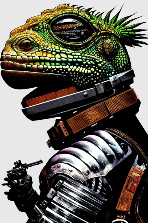 Image similar to a portrait of a muscular anthropomorphic cyberpunk iguana! in leather spacesuit armor with a large head by sandra chevrier, by jon foster, detailed render, pistol in holster, tape deck, epic composition, cybernetics, 4 k realistic, cryengine, realistic shaded lighting, sharp focus, masterpiece, by enki bilal