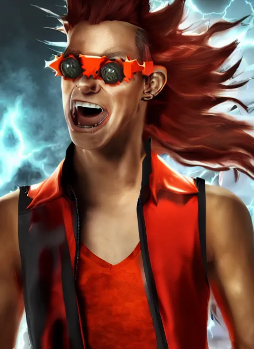 Image similar to photorealistic young man with red spiked long hair, using orange googles. Wearing black waistcoat, white shirt. He is with a vicious smile in face. dynamic lightning.