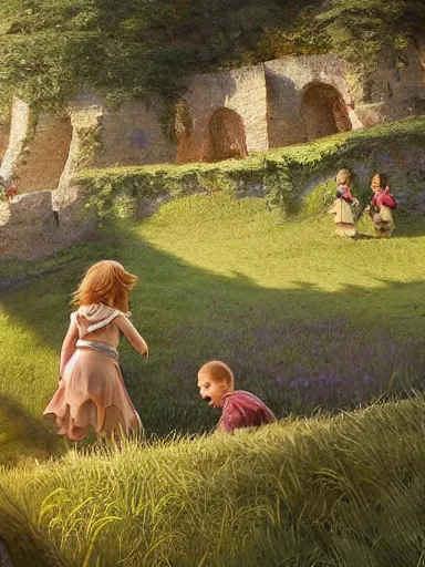 Image similar to children playing inside a meadow in the castle walls. intricate, elegant, highly detailed, digital painting, artstation, concept art, sharp focus, illustration, by justin gerard and artgerm, 8 k