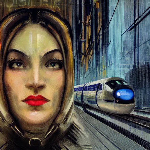 Image similar to detailed face of a woman, clockwork, moment, tectonic sky, skydome, bullet train, turbines, utopian, tech noir, wet reflections, prism, atmospheric, ambient, pj crook, syd mead, john singer sargent, emma uber, edward hopper