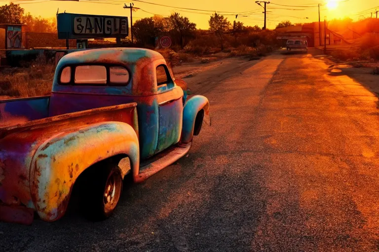 Image similar to a sunset light landscape with historical route 6 6, lots of sparkling details and sun ray ’ s, blinding backlight, smoke, volumetric lighting, colorful, octane, 3 5 mm, abandoned gas station, old rusty pickup - truck, beautiful epic colored reflections, very colorful heavenly, softlight