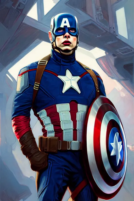 Image similar to elon musk as captain america, portrait, highly detailed, digital painting, artstation, concept art, smooth, sharp focus, illustration, cinematic lighting, art by artgerm and greg rutkowski and alphonse mucha