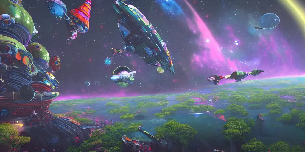 Image similar to a beautiful painting of an elaborate space sci - fi scene painted by bosch and lisa frank, detailed, unreal engine