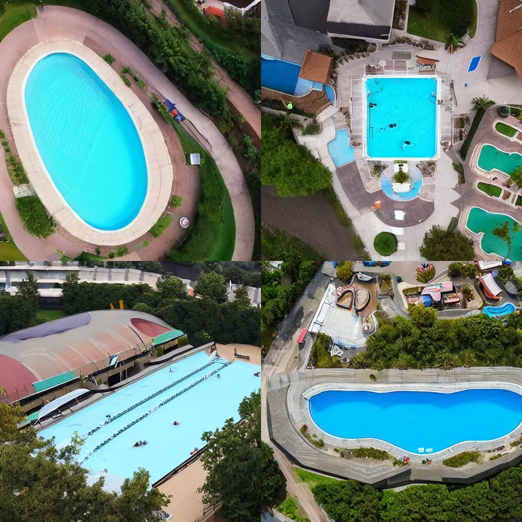 Prompt: drone footage of an outdoor swimming pool in the shape of shaped like looks like a cat head, an outdoor swimming pool that looks like a cat head