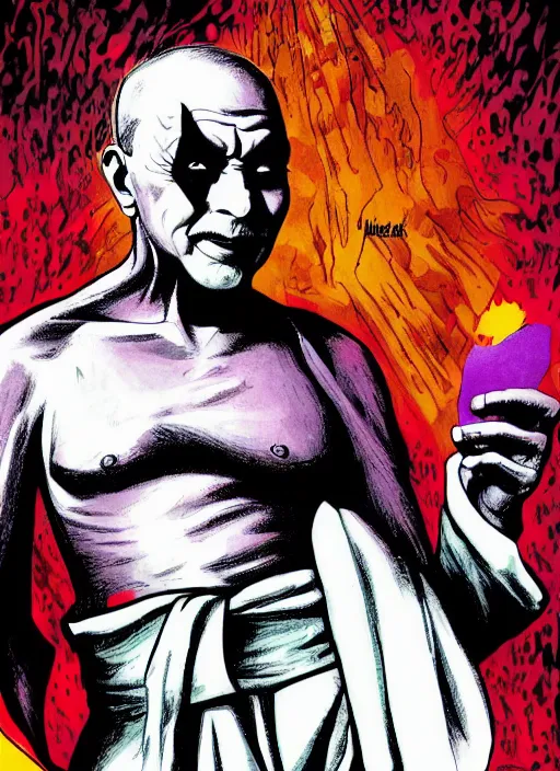 Prompt: Ghandi as the Joker from batman, comic book cover art, bright colourful, detailed, slightly sinister
