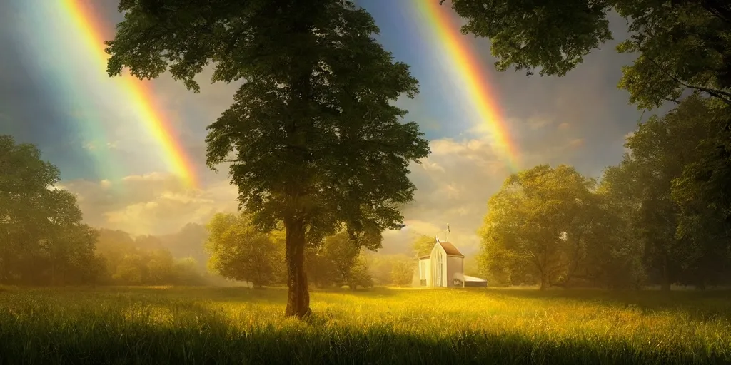 Image similar to idyllic church chapel with a steeple in a lush countryside meadow forest, rainbow across the sky, ethereal, golden swirling dust, iridescent, atmospheric, volumetric, cinematic, light breaking through clouds, greg rutkowski, wlop, otherworldly, glowing, trending on artstation, 8 k, unreal engine