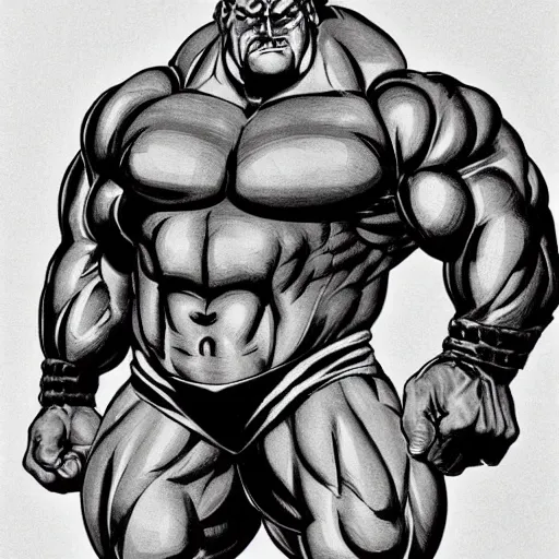 Image similar to a large muscular and beefy man, posed flexing his muscles. tan skin, manga illustration, 2 0 0 7