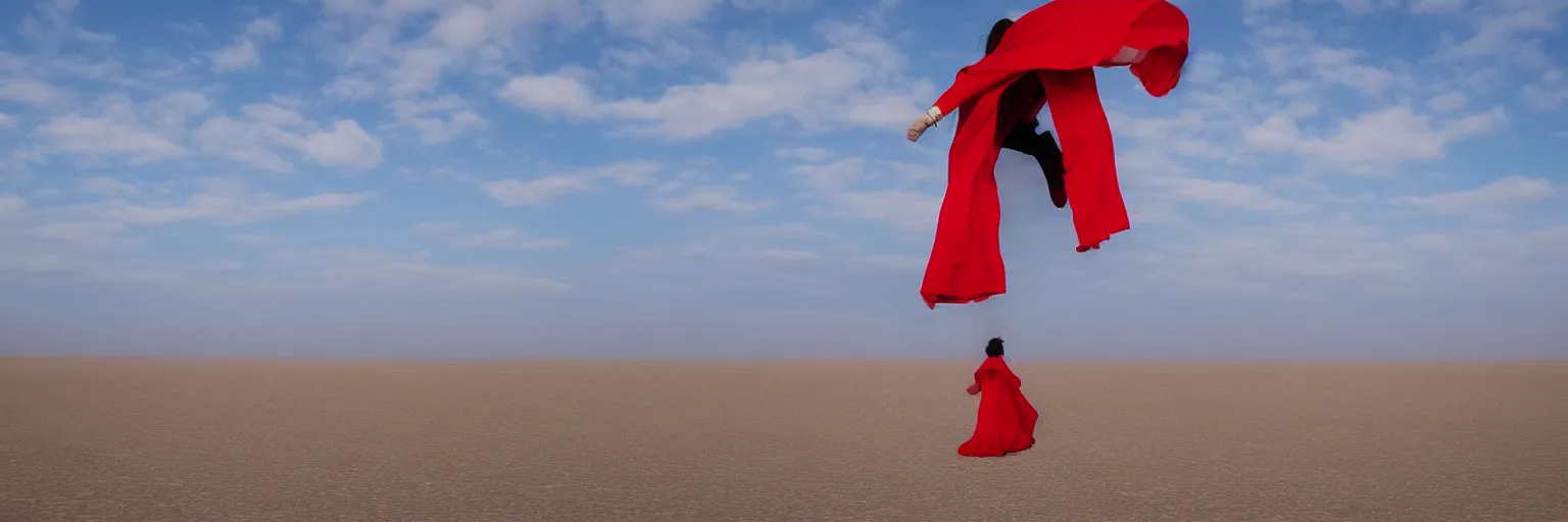 Image similar to a woman in an endlessly long red cape that ribbons across the sky behind her as she flies above a barren blue desert