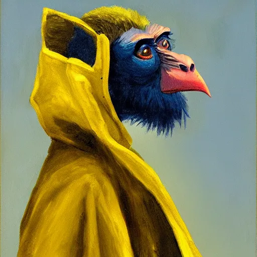 Image similar to long - eared monkey - crow creature wearing a raincoat, tonalist painting, prussian blue and azo yellow, dramatic lighting