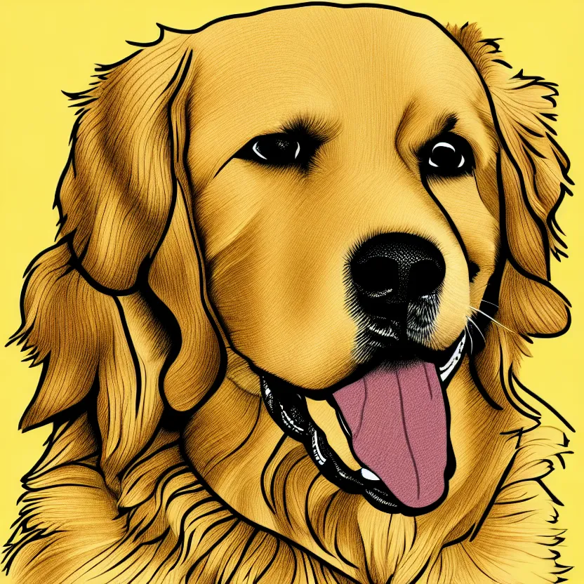 Prompt: golden retriever, full portrait, wide angle, solid white background, line art cartoon