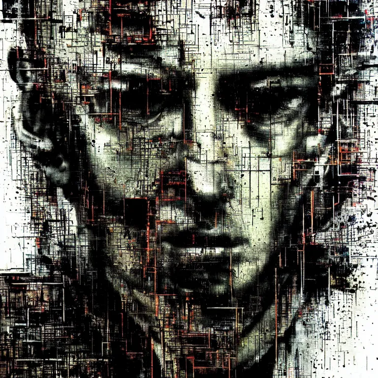 Image similar to portrait of a cyberpunk man, mysterious, glitch effects over the eyes, shadows, by Guy Denning, by Johannes Itten, by Russ Mills, centered, glitch art, hacking effects, chromatic, cyberpunk, color blocking, oil on canvas, concept art, abstract