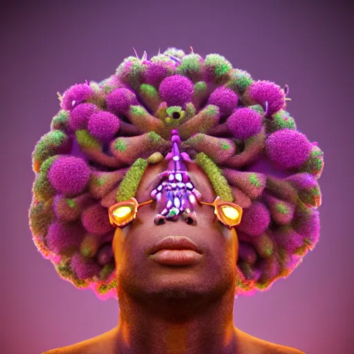 Image similar to an african marijuanna! shaman with an afro made of flowers, third eye art art by machina infinitum, complexity from simplicity, rendered in octane, mandelbulb 3 d, ambient occlusion, radiant lighting, macro photography, felt!!! texture, tribal, pastel! retrowave