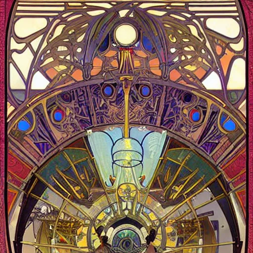 Image similar to solarpunk art nouveau space skyship mechanical trade caravan by magic the gathering cinematography by alphonse mucha