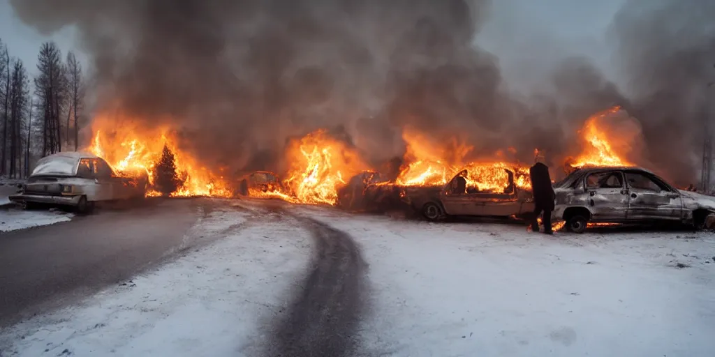 Prompt: depressing finnish rural town during winter, a burning car and people standing, movie still, david lynch film, low - key light, wide shot