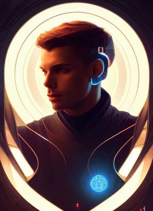 Image similar to symmetry!! portrait of male wizard, sci - fi, tech wear, glowing lights!! intricate, elegant, highly detailed, digital painting, artstation, concept art, smooth, sharp focus, illustration, art by artgerm and greg rutkowski and alphonse mucha