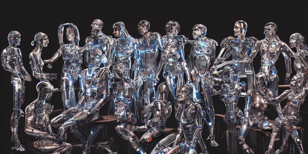 Image similar to !13 diverse cyborgs on !one_side of a reflective !cybernetic table, !!posing_as_last_supper, inticrate detailed glowing implants, !!highly detailed, beautiful lighting