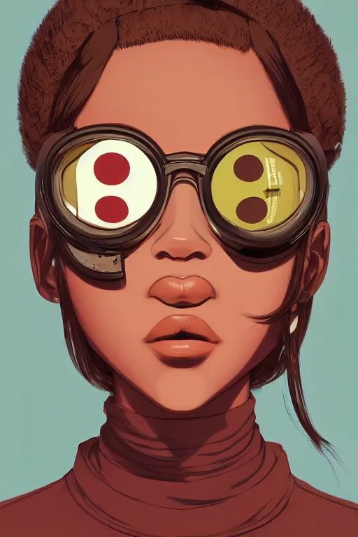 Image similar to face of a beautiful girl wearing goggles, brown skin, symmetrical, ilya kuvshinov, jamie hewlett, yoji shinkawa, muted colors, portrait, beautiful detailed illustration, 17th century oil painting, flat colors, studio ghibli, cel shading, loish, pop art,