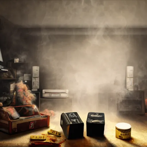 Image similar to photo realistic, cinematic, detailed, room full of smoke, three dark figures, energy drink, ashes, ash trays, cigarettes, smoke, speakerboxes