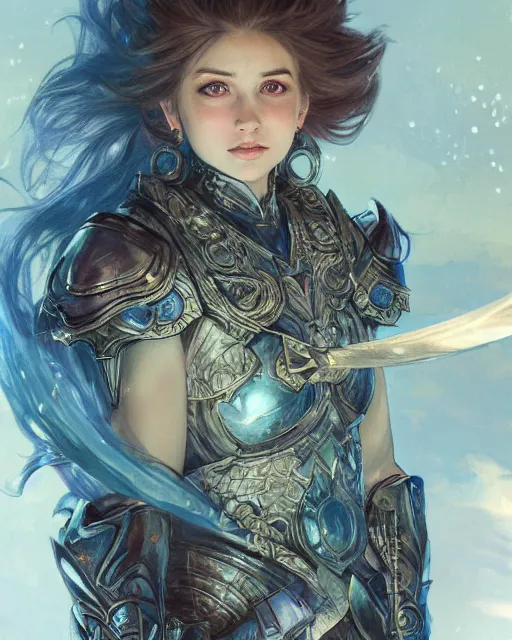 Image similar to Portrait of a Fantasy azure knight, moonlit, HD, illustration, epic, D&D, fantasy, intricate, elegant, highly detailed, digital painting, artstation, concept art, smooth, sharp focus, illustration, art by artgerm and greg rutkowski and alphonse mucha, monster hunter illustrations art book