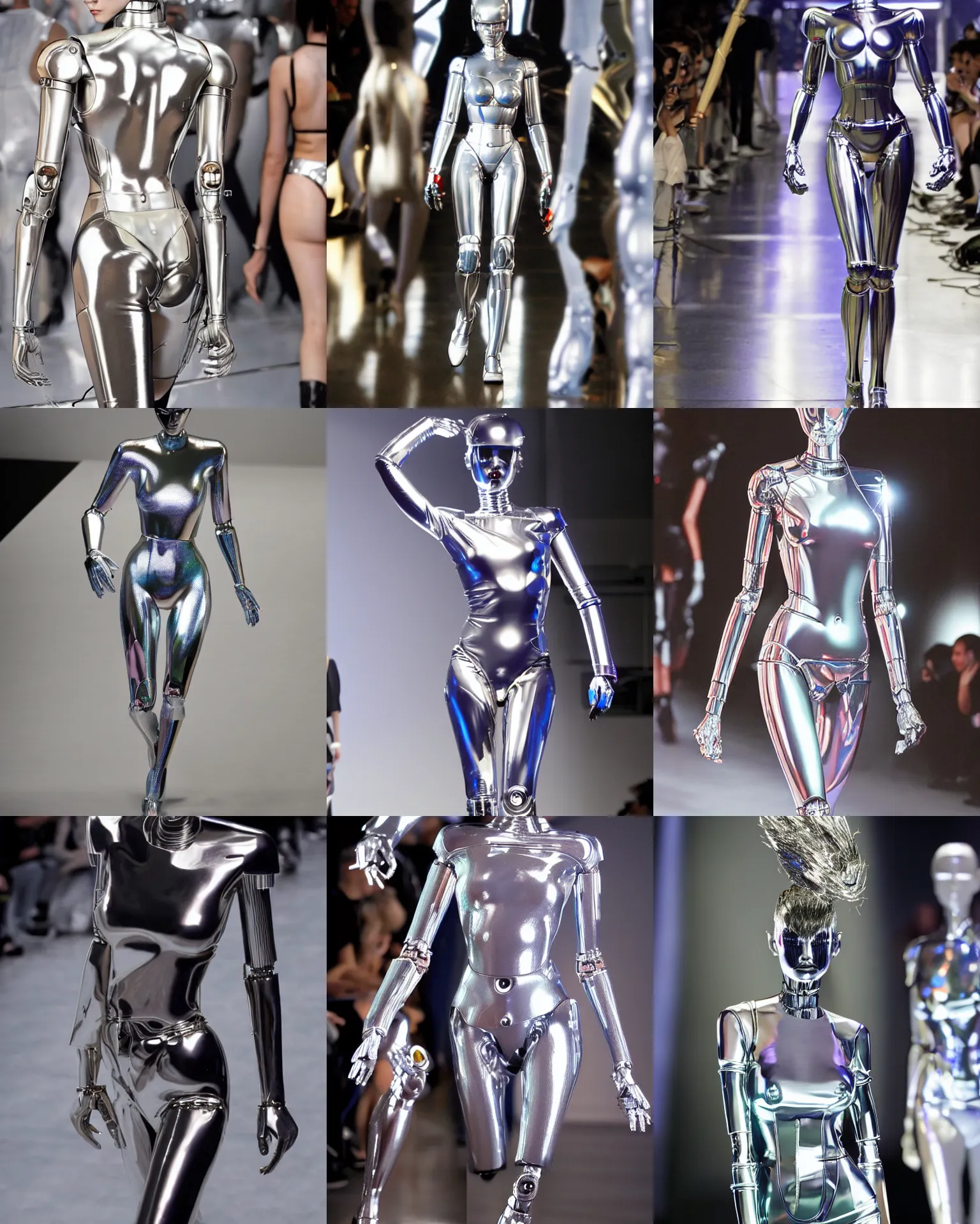 Image similar to Hajime Sorayama designed Metallic Robot Woman walks on a runway in Paris. Robot woman’s skin made out of reflective chrome, Hyperreal