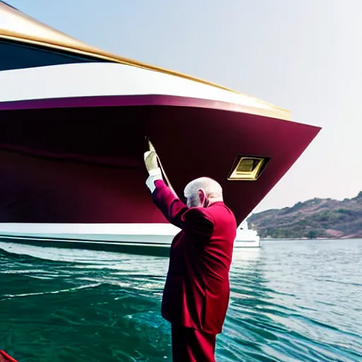 Image similar to wrinkled hunchbacked old man in musty burgundy suit, polishing painting the side of a huge gold plated mega yacht with a cloth, maintenance photo