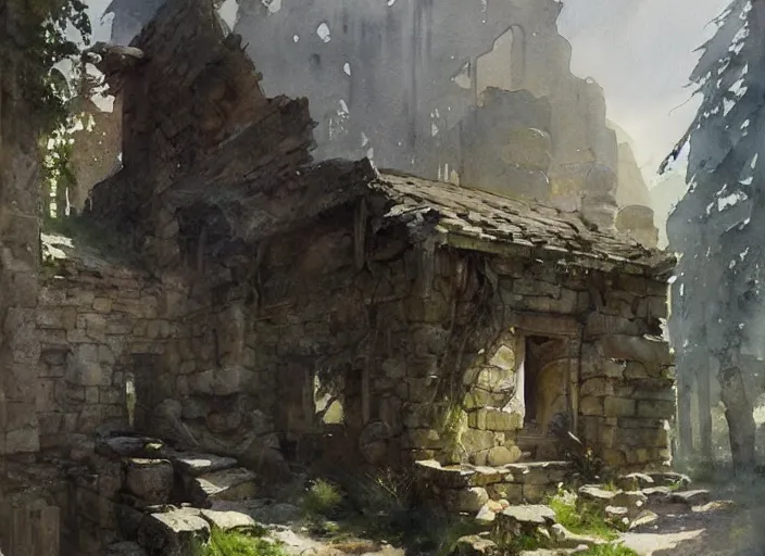 Prompt: watercolor painting of ruins, rustic stone cabin, rock walls, very beautiful lighting, art by anders zorn, wonderful masterpiece by greg rutkowski, cinematic light, american romanticism by greg manchess, creation by tyler edlin